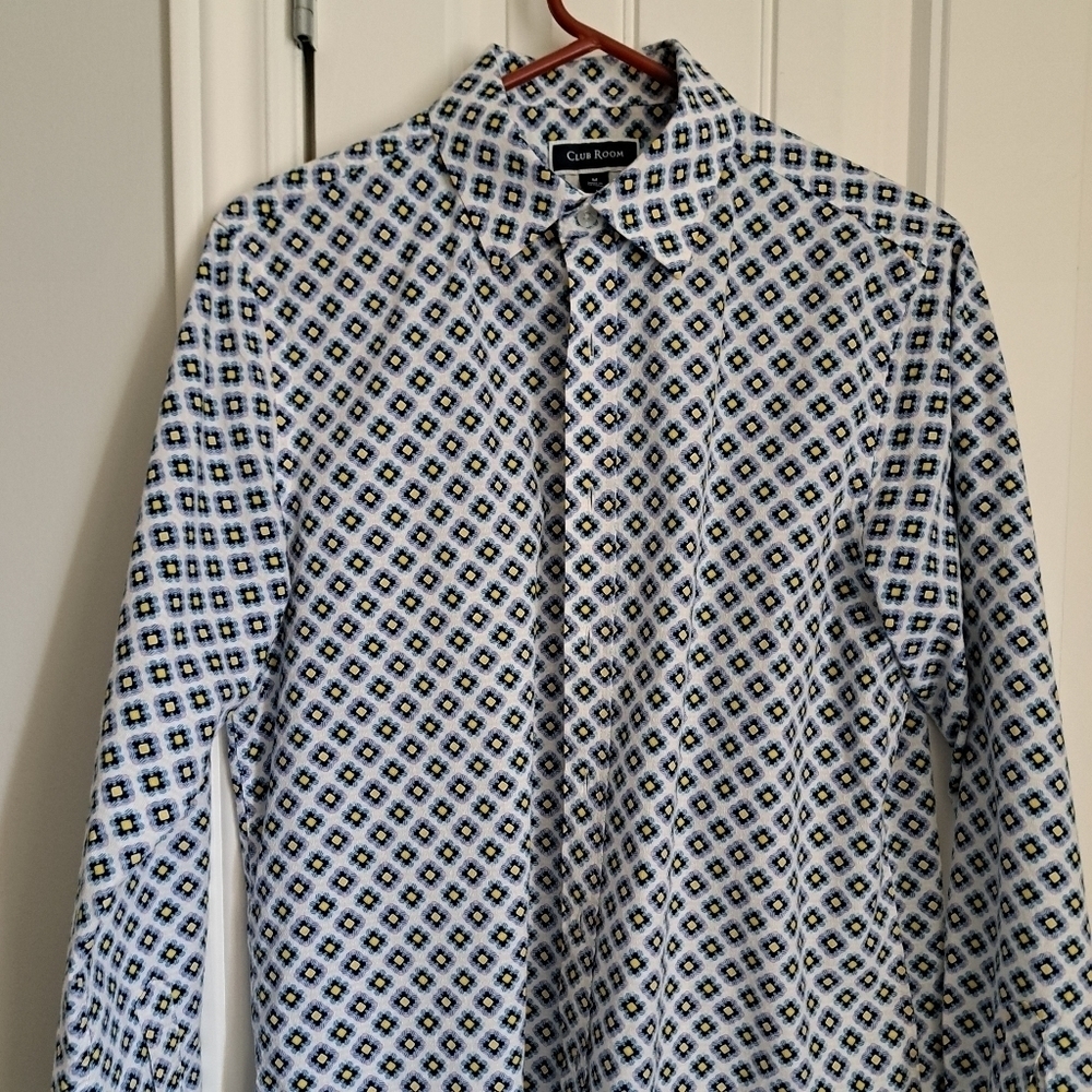 MENS CLUB ROOM geometric print blue yellow cotton shirt long sleeve button up M